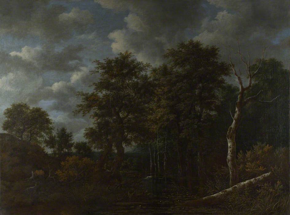 A Pool Surrounded by Trees, and Two Sportsmen Coursing a Hare, vintage artwork by Jacob van Ruisdael, 12x8" (A4) Poster