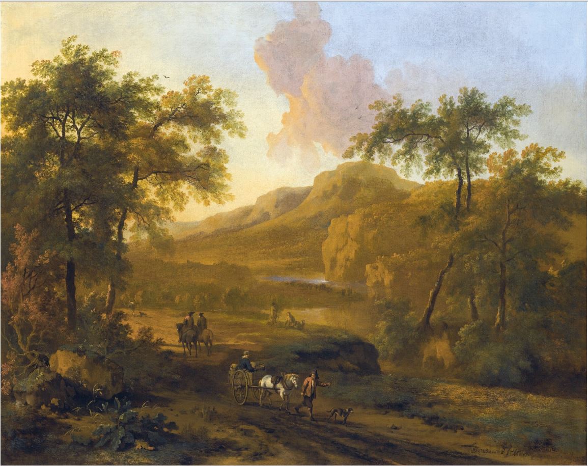 An Italianate river valley landscape, vintage artwork by Jan Wijnants, 12x8" (A4) Poster