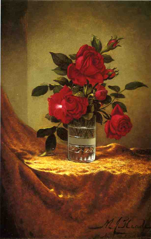 A Glass of Roses on Gold Cloth, vintage artwork by Martin Johnson Heade, A3 (16x12") Poster Print