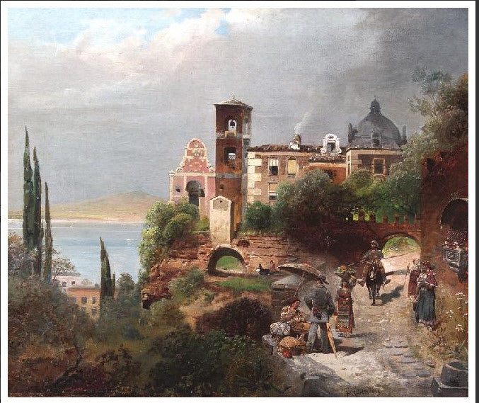 Before a Southern Italian Coastal Village, vintage artwork by Robert Alott, 12x8" (A4) Poster