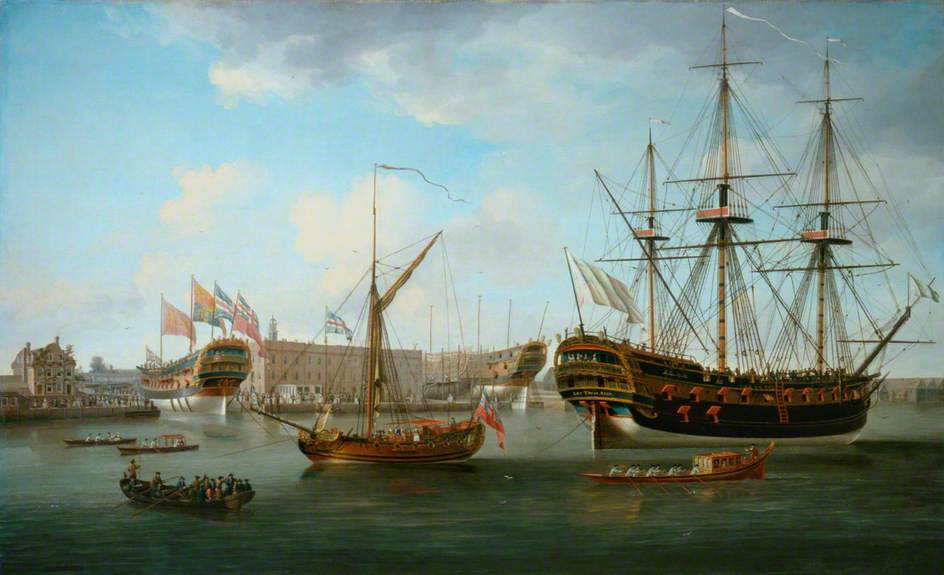 Deptford Dockyard, 'Les Trois Amis', vintage artwork by John Cleveley the Elder, 12x8" (A4) Poster