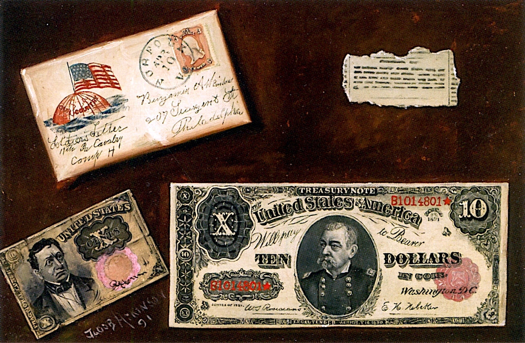 A Soldier's Letter and Money: a Trompe l'Oeil, vintage artwork by Jacob Atkinson, 12x8" (A4) Poster