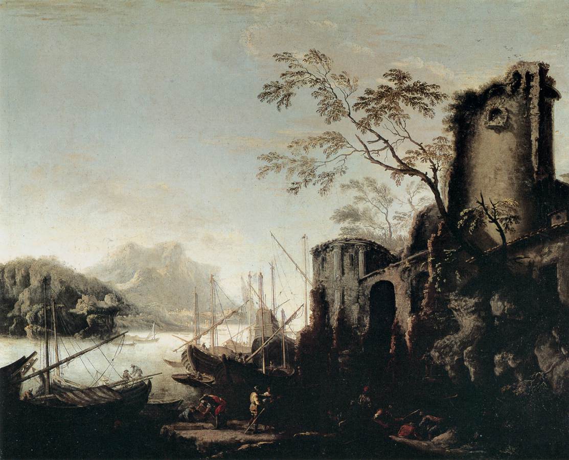 Marine Landscape with Towers, vintage artwork by Salvator Rosa, 12x8" (A4) Poster