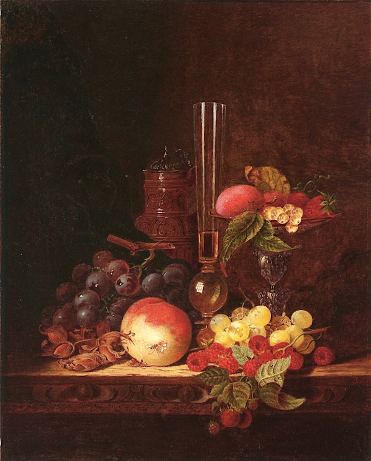 Still Life with Ceramic Jug, Wine Glass, and Tazza with Fruit, vintage artwork by Edward Ladell, A3 (16x12") Poster Print