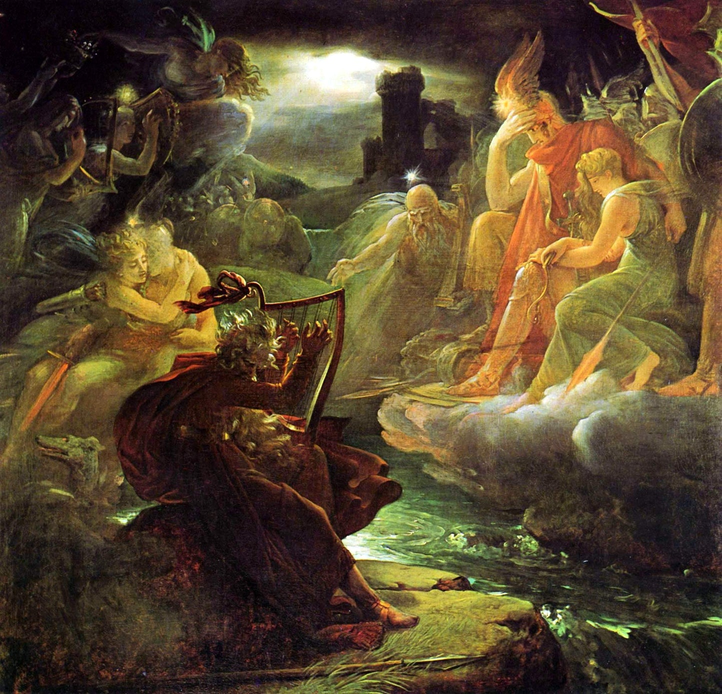 Ossian on the Bank of the Lora, Invoking the Gods to the Strains of a Harp (Malmaison), vintage artwork by François Gerard, 12x8" (A4) Poster