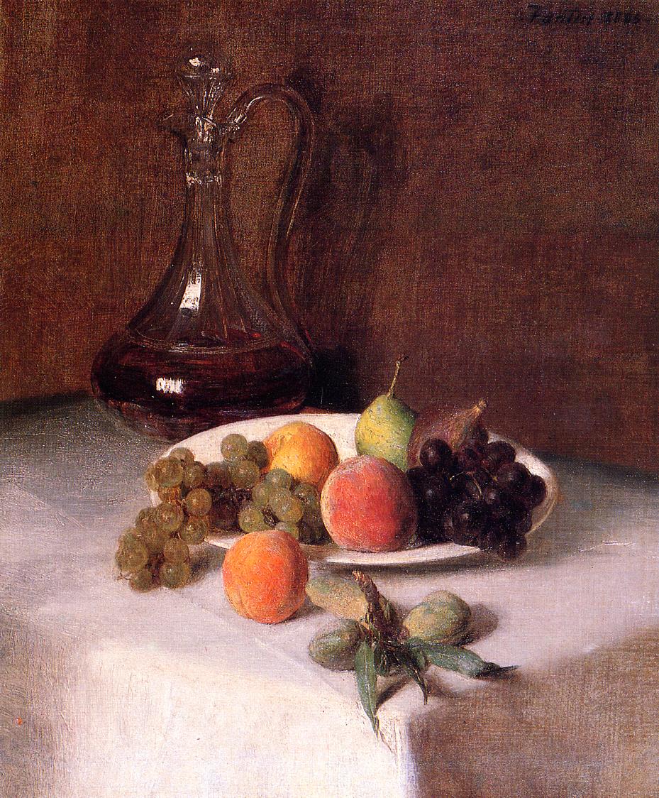 A Carafe of Wine and Plate of Fruit on a White Tablecloth, vintage artwork by Henri Fantin-Latour, 12x8" (A4) Poster