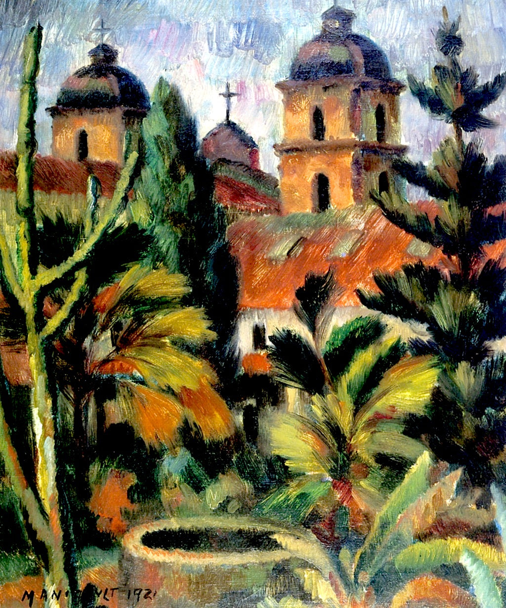 Santa Barbara Mission, vintage artwork by Middleton Manigault, 12x8" (A4) Poster