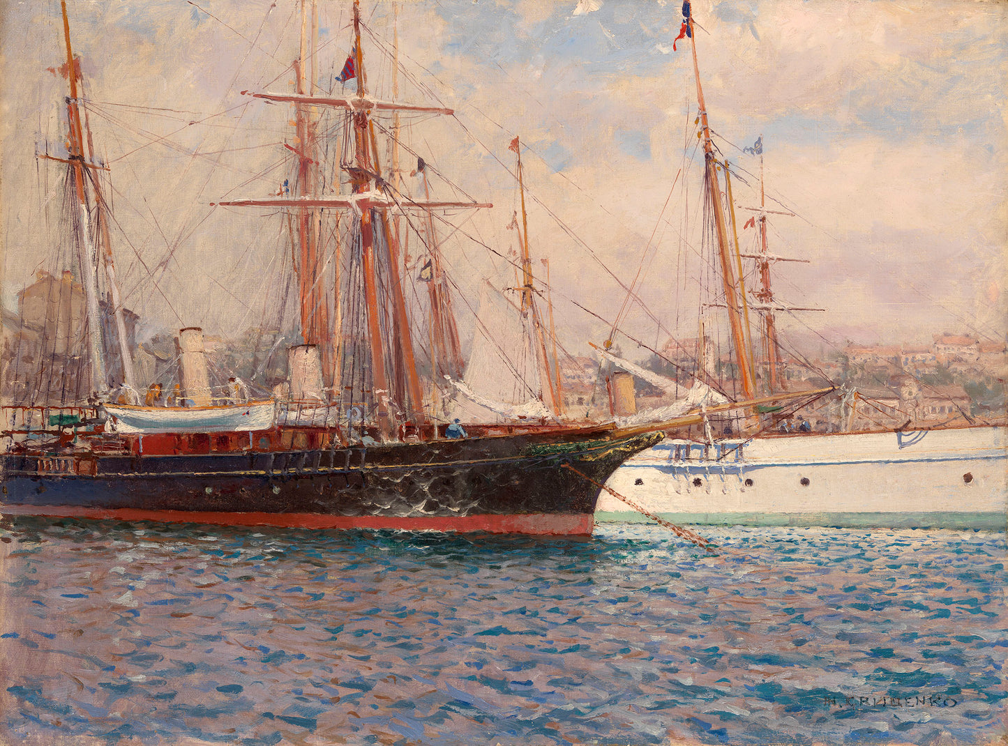 Sailing Ships in a Harbour, vintage artwork by Nikolai Gritsenko, 12x8" (A4) Poster