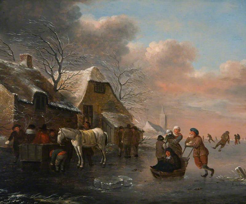 Ice-Skating Scene, vintage artwork by Klaes Molenaer, 12x8" (A4) Poster