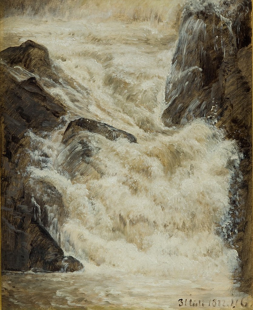 A study of a waterfall in Sweden, vintage artwork by Janus La Cour, 12x8" (A4) Poster