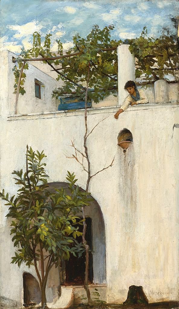 Lady on a Balcony, Capri, vintage artwork by John William Waterhouse, 12x8" (A4) Poster