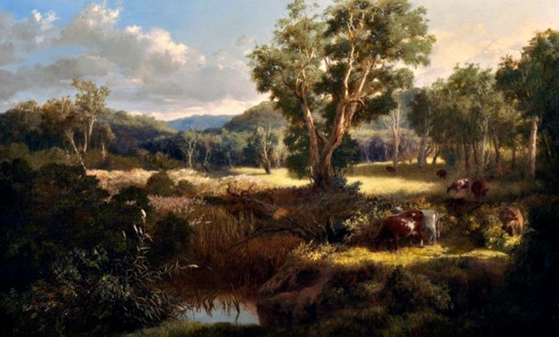 Cattle in a Wooded Landscape, vintage artwork by Louis Buvelot, A3 (16x12") Poster Print