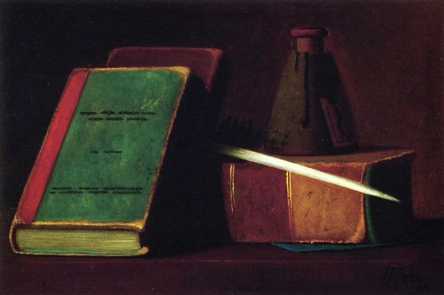 Still LIfe with Books and Inkwell, vintage artwork by John Frederick Peto, 12x8" (A4) Poster