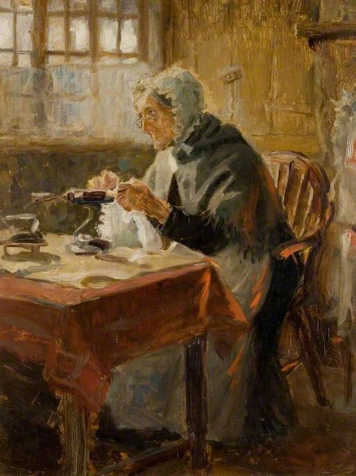 Old Woman Ironing, vintage artwork by Ralph Hedley, 12x8" (A4) Poster