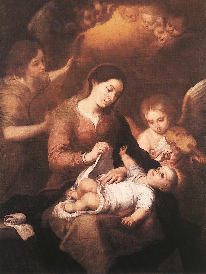 Mary and Child with Angels Playing Music, vintage artwork by Bartolome Esteban Murillo, 12x8" (A4) Poster