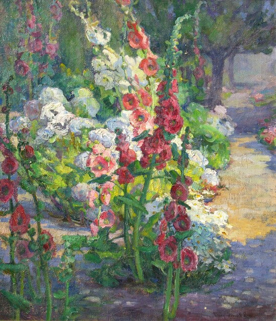 Hollyhocks by Mary Herrick Ross,A3(16x12")Poster