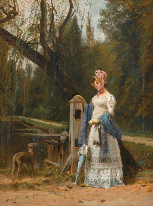 Elegant Lady and Her Whippet, vintage artwork by Jules Worms, 12x8" (A4) Poster