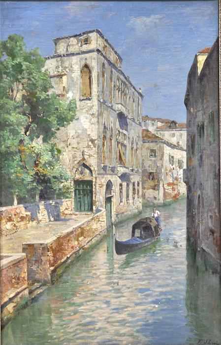 Venetian Canal with Gondola, vintage artwork by Ferdinando Silvani, 12x8" (A4) Poster