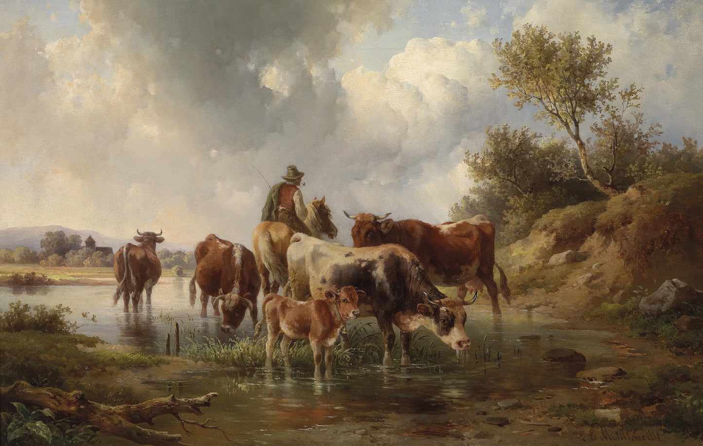 Сows with shepherd at the ford, vintage artwork by Edmund Mahlknecht, 12x8" (A4) Poster