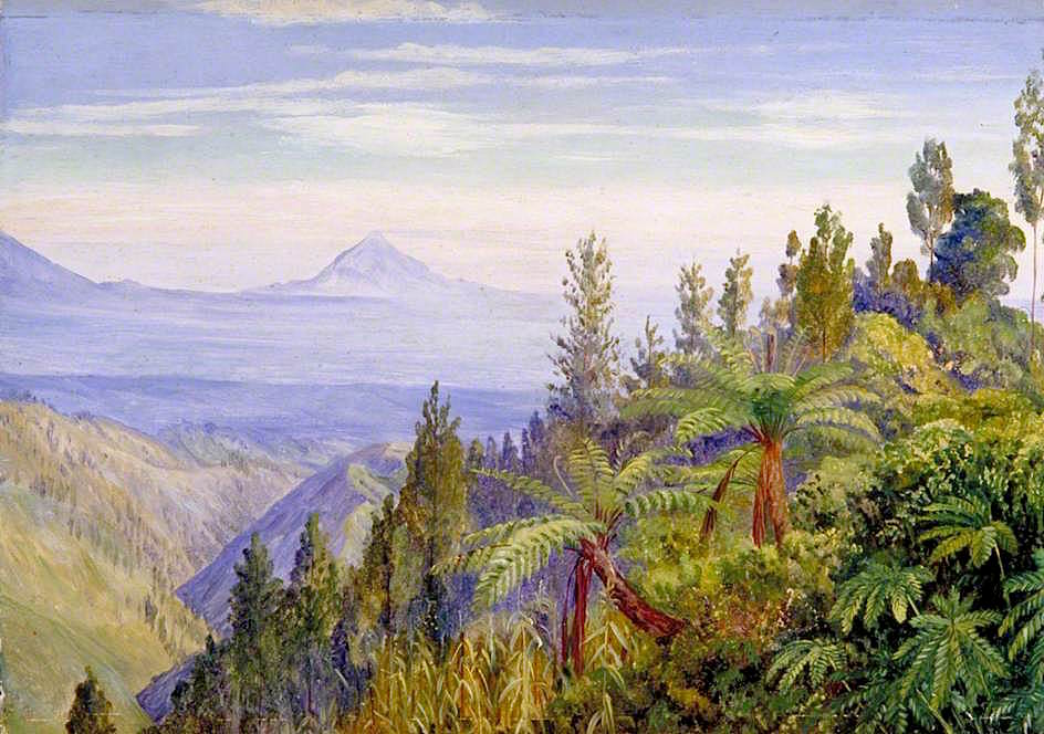 The Ardjuno Volcano from Tosari, Java, vintage artwork by Marianne North, 12x8" (A4) Poster