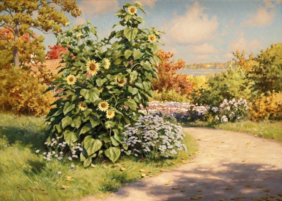 Blooming garden with sunflowers, vintage artwork by Johan Krouthen, 12x8" (A4) Poster