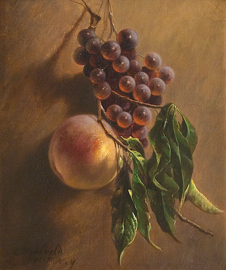 Still Life Hanging Grapes and Peach, vintage artwork by Arnoud Wydeveld, 12x8" (A4) Poster