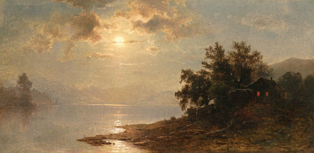Moonlit Lake, vintage artwork by Hermann Fuechsel, 12x8" (A4) Poster