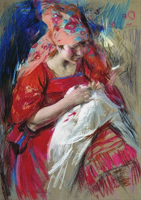 Peasant Girl Sewing by Abram Efimovich Arkhipov,A3(16x12")Poster