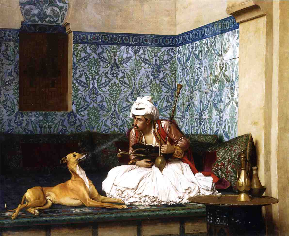 Arnaut Blowing Smoke in His Dog's Nose, vintage artwork by Jean-Leon Gerôme, 12x8" (A4) Poster