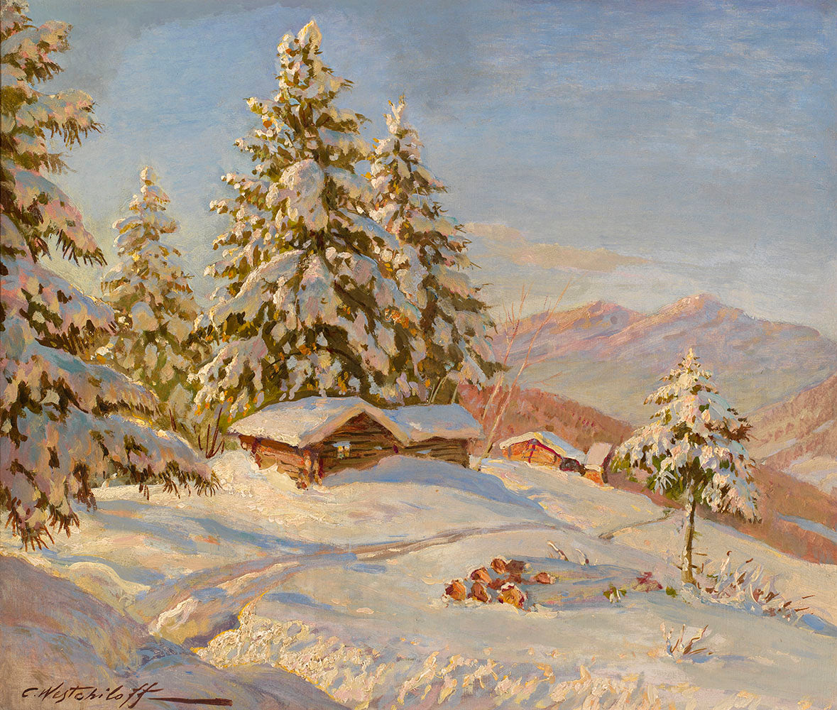 Mountain Cabins Under Snow, vintage artwork by Konstantin Westchilov, 12x8" (A4) Poster
