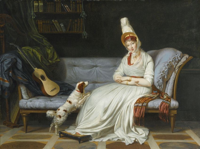 Portrait of Elizabeth, Lady Webster, later Lady Holland, with Her Spaniel Pierrot, vintage artwork by Louis Gauffier, 12x8" (A4) Poster
