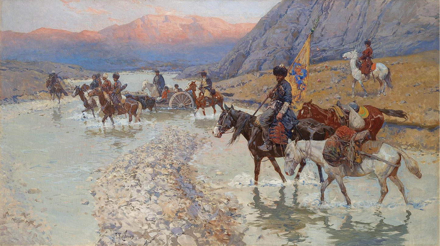 Cossacks Crossing the River, vintage artwork by Franc Alekseevich Rubo, 12x8" (A4) Poster