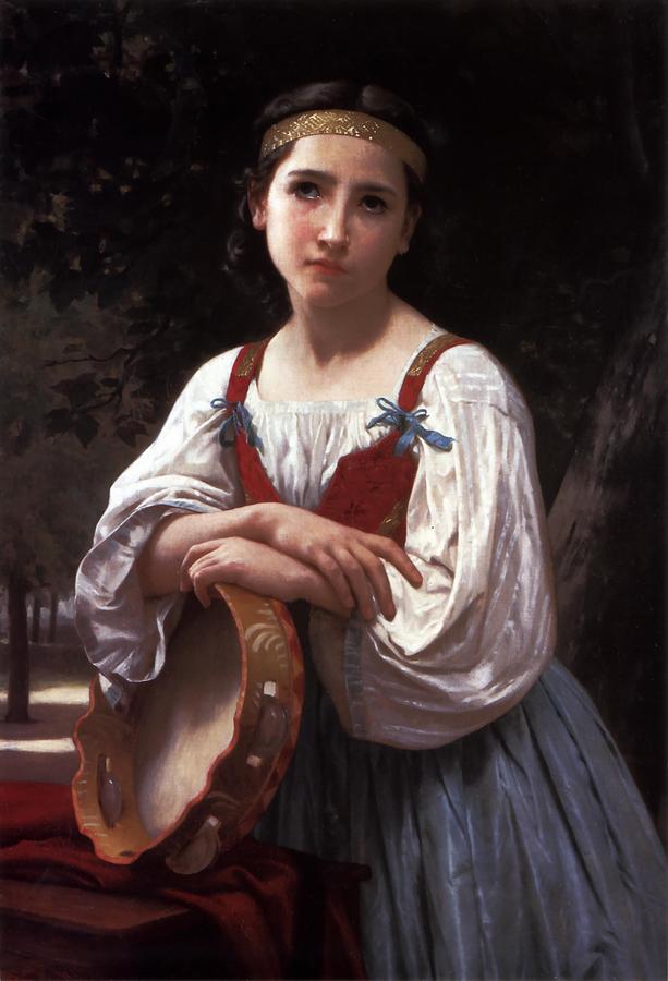 Basque Gypsy Girl with a Tambourine (large version), vintage artwork by William Bouguereau, 12x8" (A4) Poster