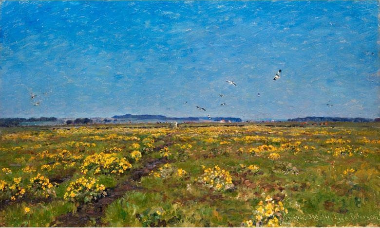 Landscape with yellow marsh daisies and soaring birds, vintage artwork by Viggo Pedersen, 12x8" (A4) Poster