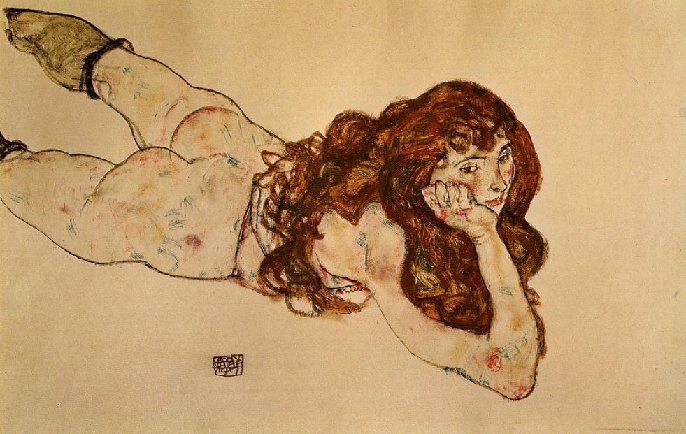 Female Nude Lying on Her Stomach by Egon Schiele,16x12(A3) Poster