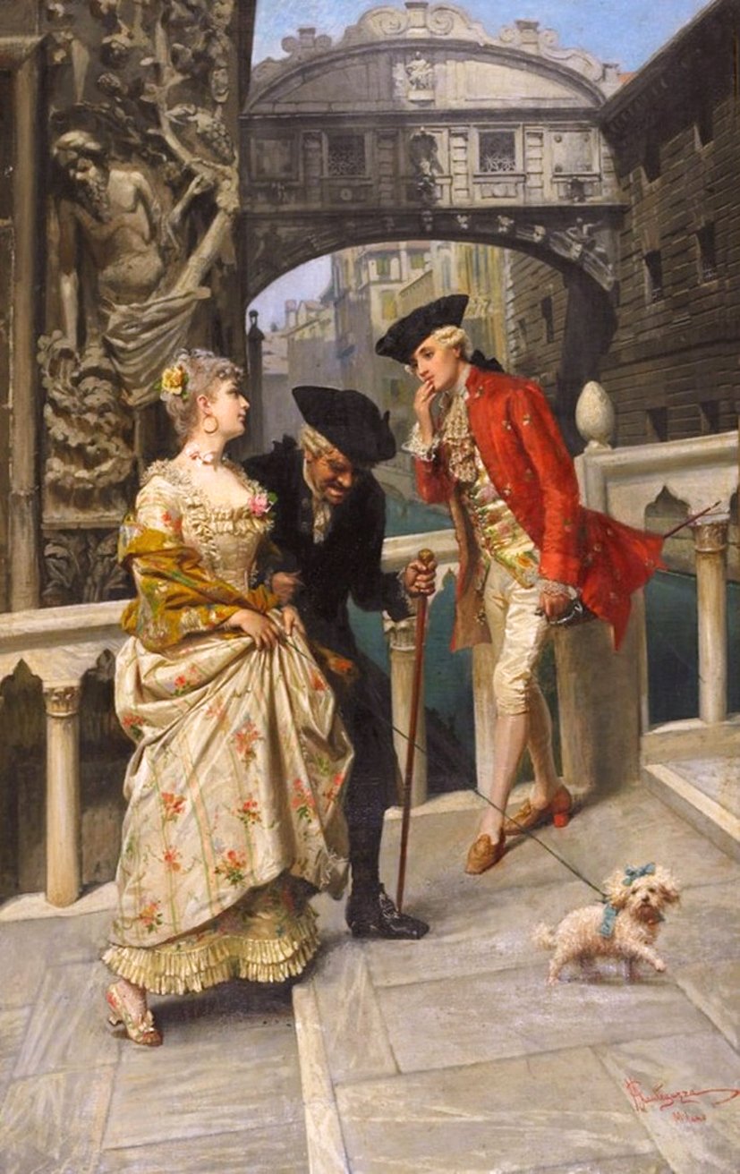 Lovers and Chaperone Meeting on the Venetian Canal, vintage artwork by Giacomo Mantegazza, 12x8" (A4) Poster