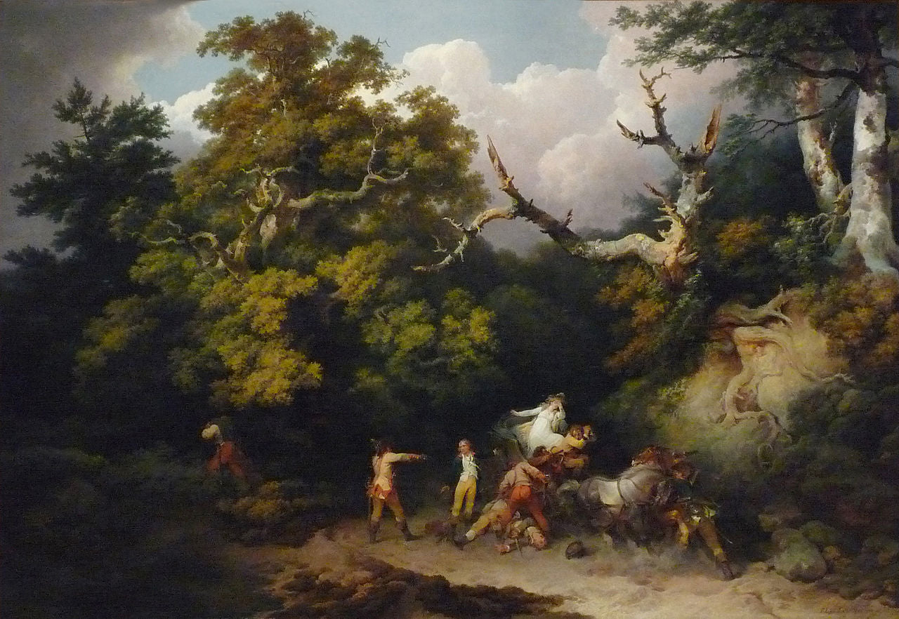 Bandits attacking travelers in a forest in Germany, vintage artwork by Philippe-Jacques de Loutherbourg, 12x8" (A4) Poster