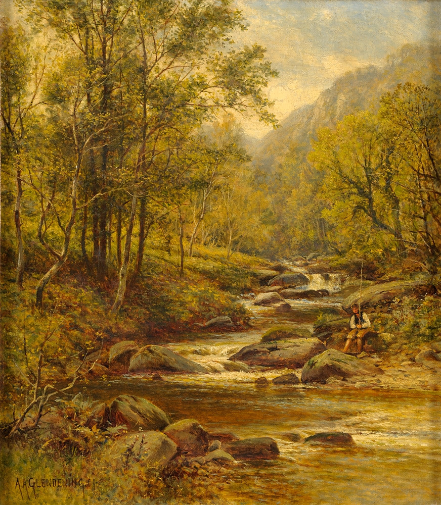 Angler on the stream, vintage artwork by Alfred Augustus Glendening Sr., 12x8" (A4) Poster