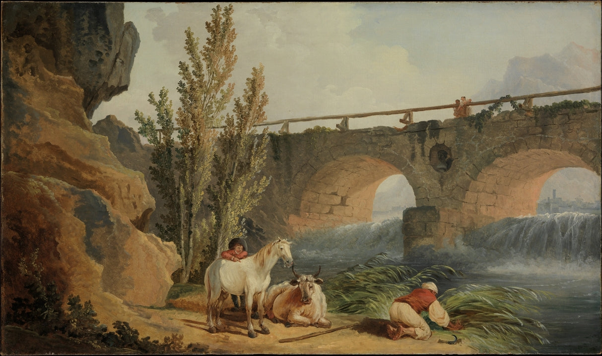 Bridge over a Cascade, vintage artwork by Hubert Robert, 12x8" (A4) Poster