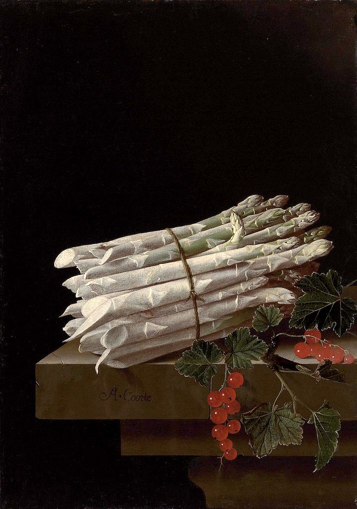 Asparagus and Red Currants on a Stone Ledge, vintage artwork by Adriaen Coorte, 12x8" (A4) Poster