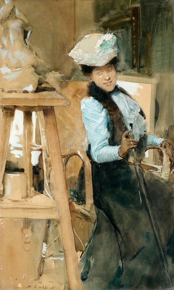 Elegant lady in a sculptor's studio, vintage artwork by Antoine Calbet, 12x8" (A4) Poster