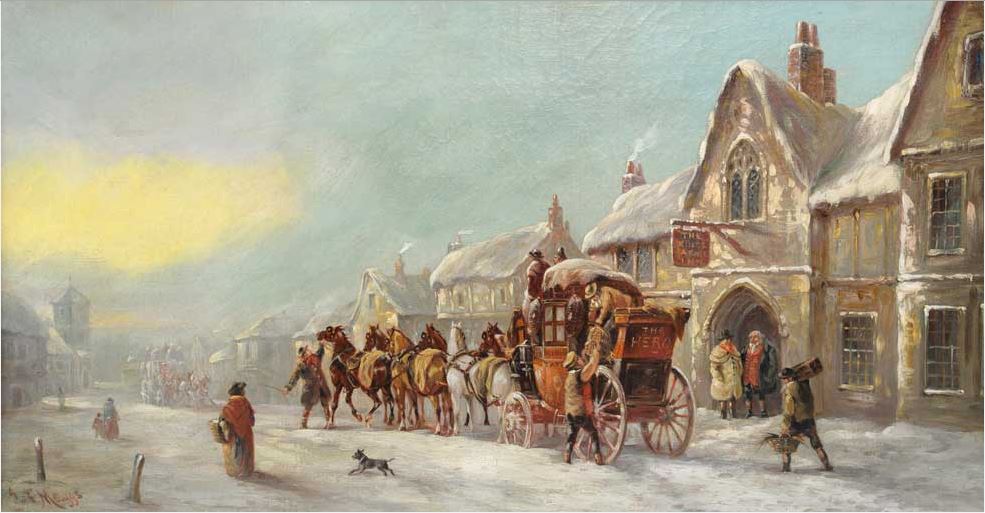 The Hero at the Kings Arms, winter coaching scene, vintage artwork by John Charles Maggs, A3 (16x12") Poster Print