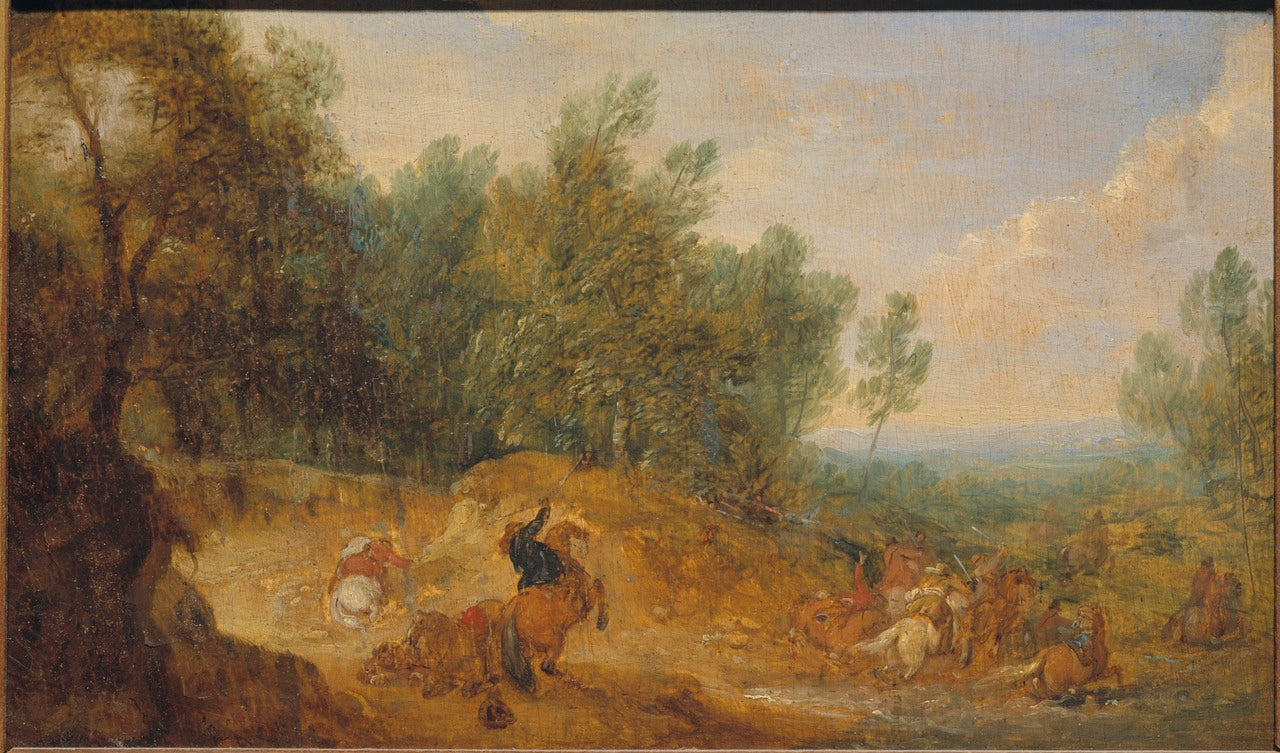 Riders attacked at a Ford, vintage artwork by Adam Frans van der Meulen, 12x8" (A4) Poster