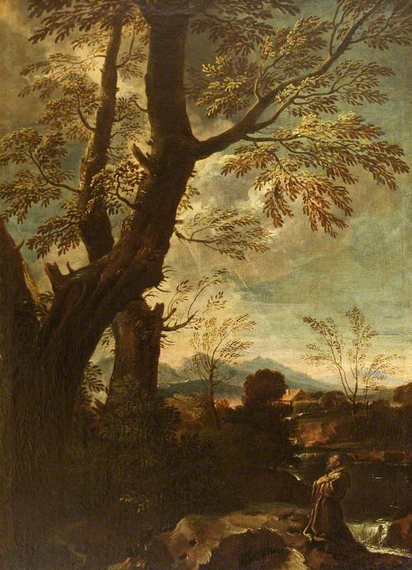 Landscape with the Stigmatisation and Ecstasy of Saint Francis, vintage artwork by Attributed to Pier Francesco Mola, 12x8" (A4) Poster