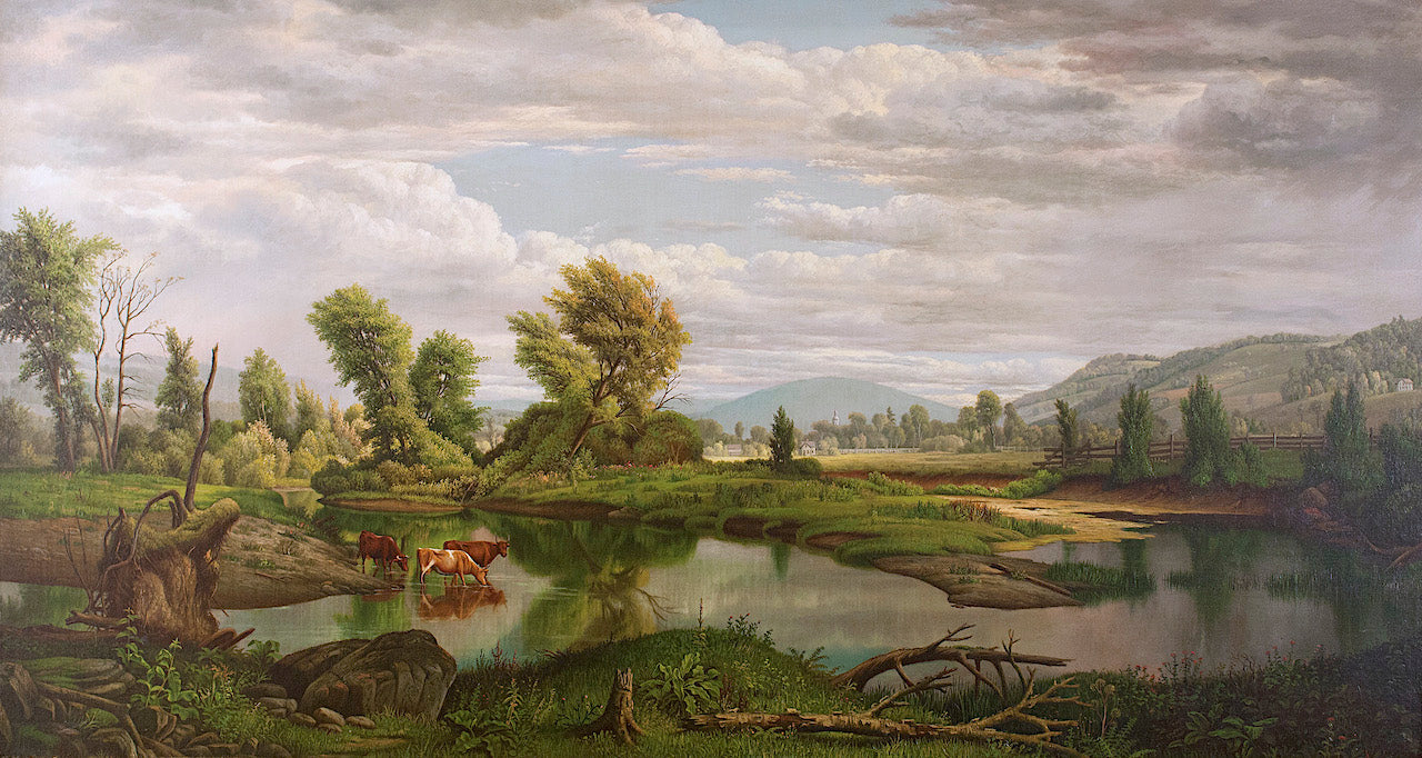 Cows Watering at a Stream, vintage artwork by Levi Wells Prentice, 12x8" (A4) Poster