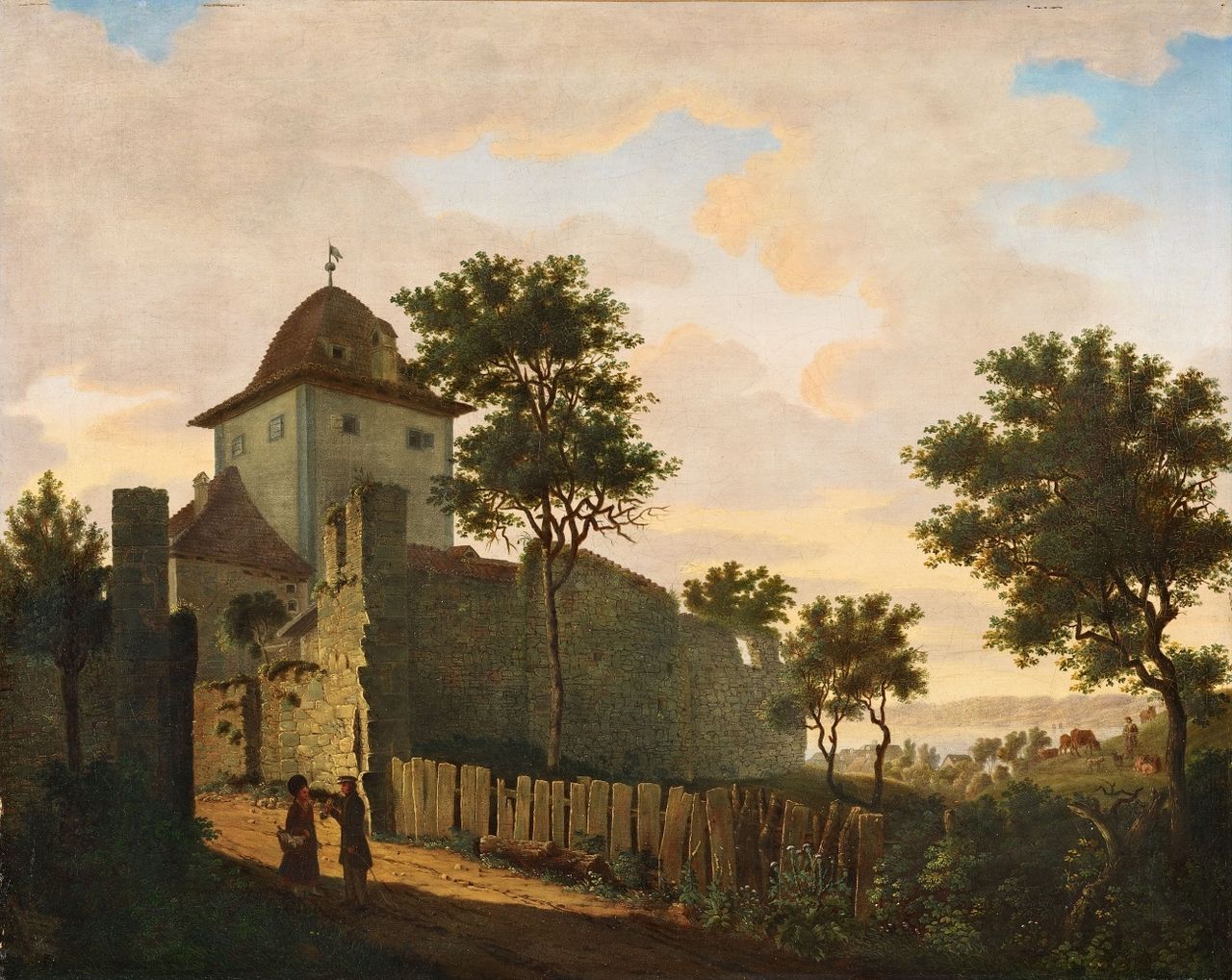 City tower and city wall of Uberlingen on Lake Constance, vintage artwork by Carl Hasenpflug, A3 (16x12") Poster Print