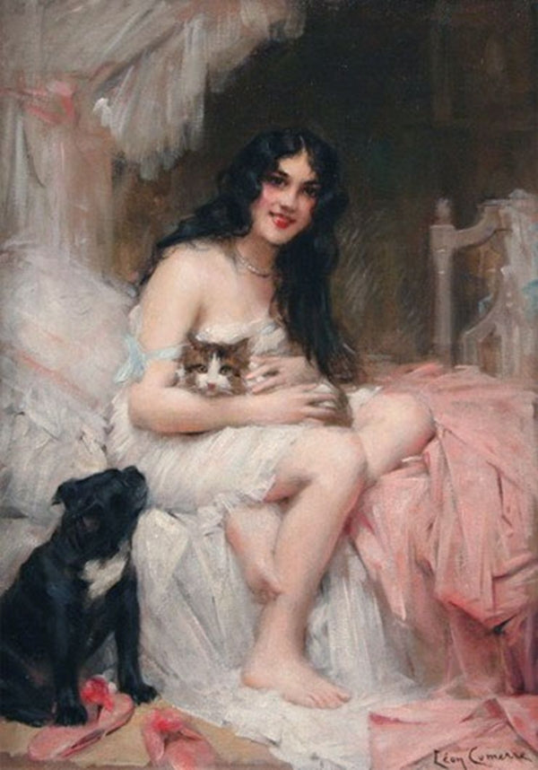 Beauty in Bed with Kitten and Black Dog, vintage artwork by Leon-François Comerre, 12x8" (A4) Poster
