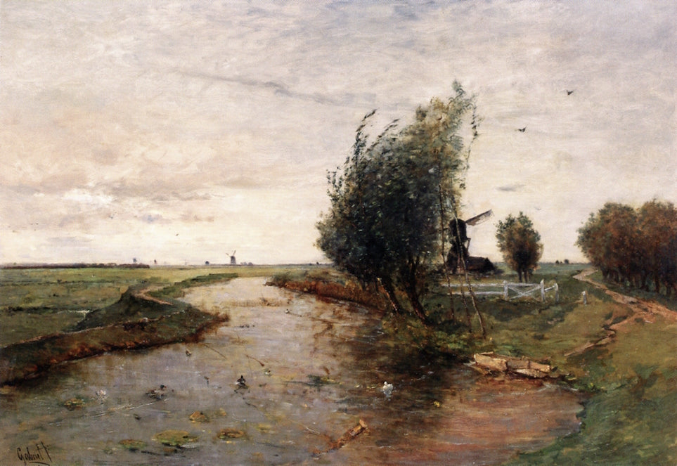 Windmills in a Polder Landscape, vintage artwork by Paul Joseph Constantin Gabriël, 12x8" (A4) Poster