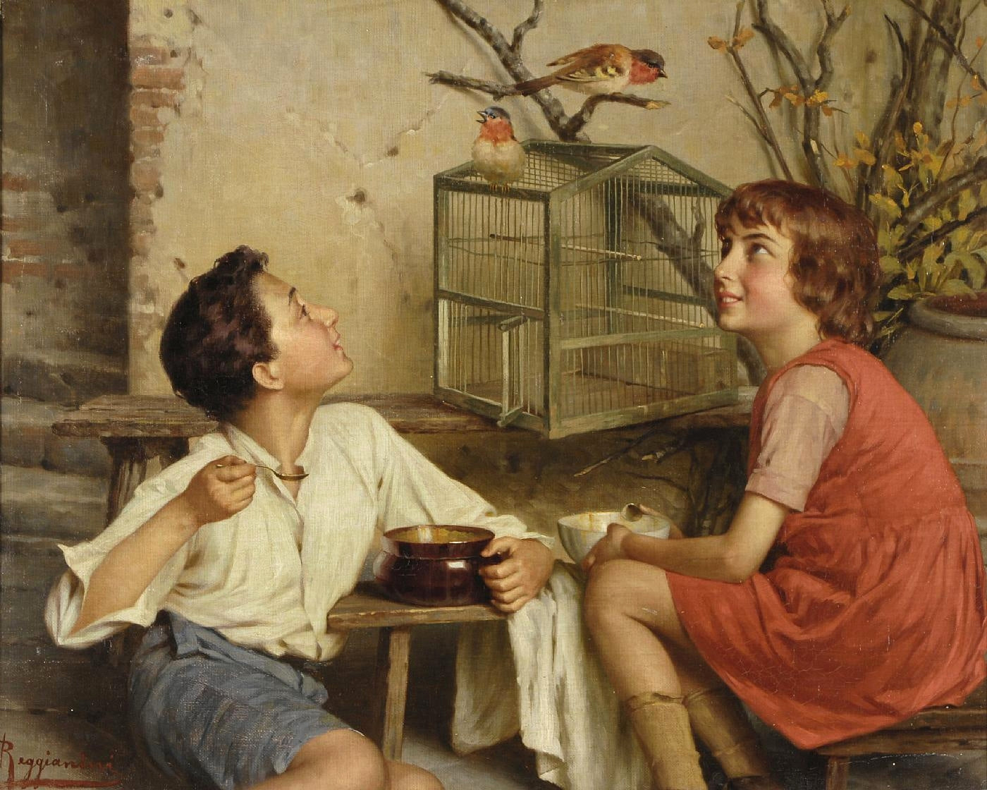 Two Children with a Birdcage by Vittorio Reggianini,A3(16x12")Poster
