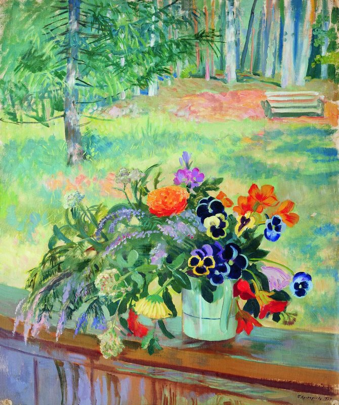 A Bouquet of Flowers on the Balcony, vintage artwork by Boris Mikhailovich Kustodiev, 12x8" (A4) Poster